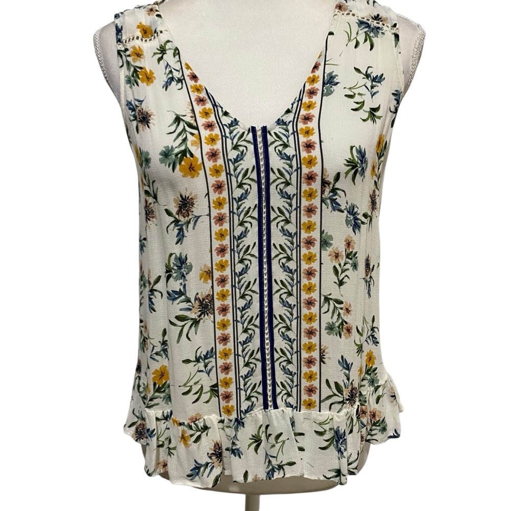Lucky Brand Women’s Tank Top Floral V-Neck Cream Blue Sleeveless Size Small - Picture 3 of 16